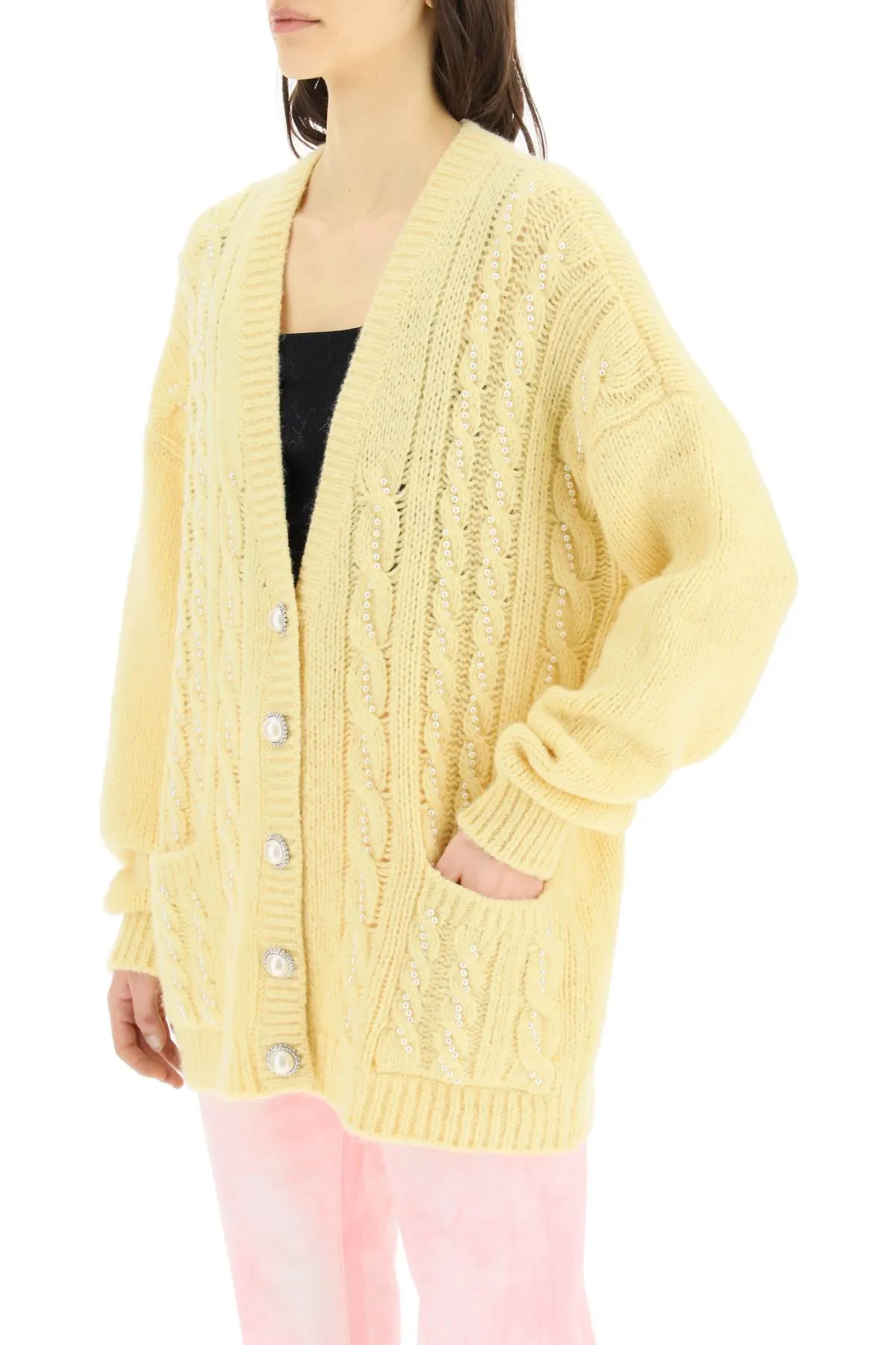 Alessandra Rich Pearl Embellished Cable Knit Cardigan