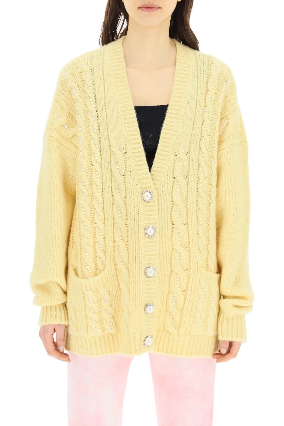 Alessandra Rich Pearl Embellished Cable Knit Cardigan
