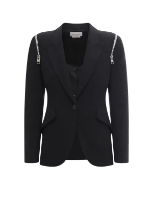 Alexander McQueen Zip Peak Shoulder Leaf Crepe Jacket