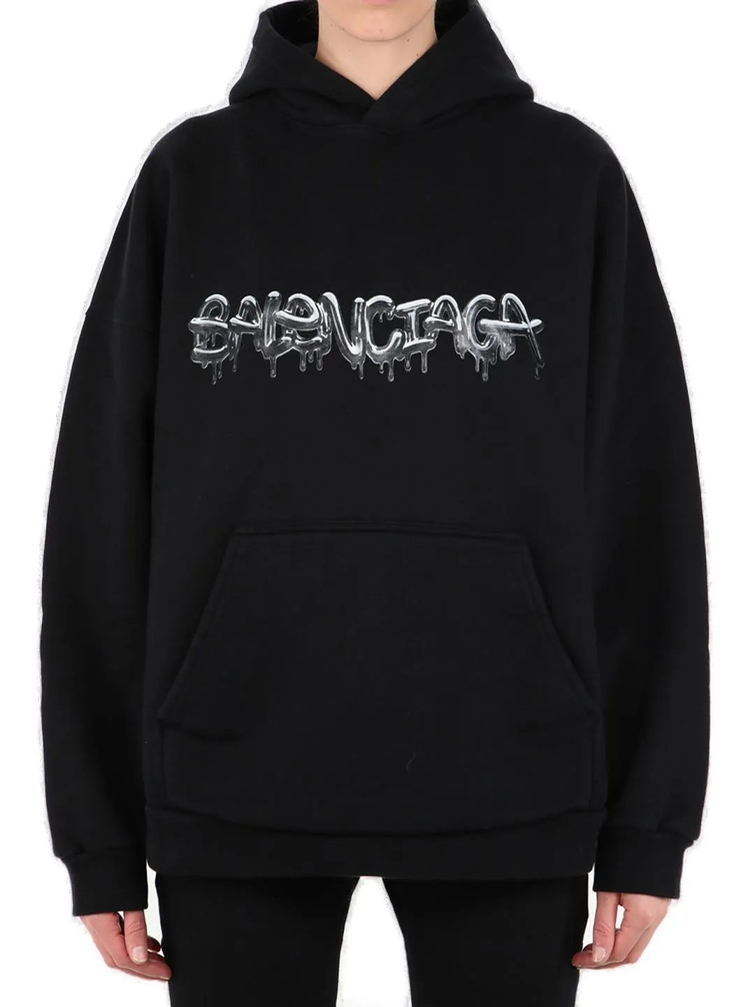 Balenciaga Logo Print Ribbed Hem Hoodie