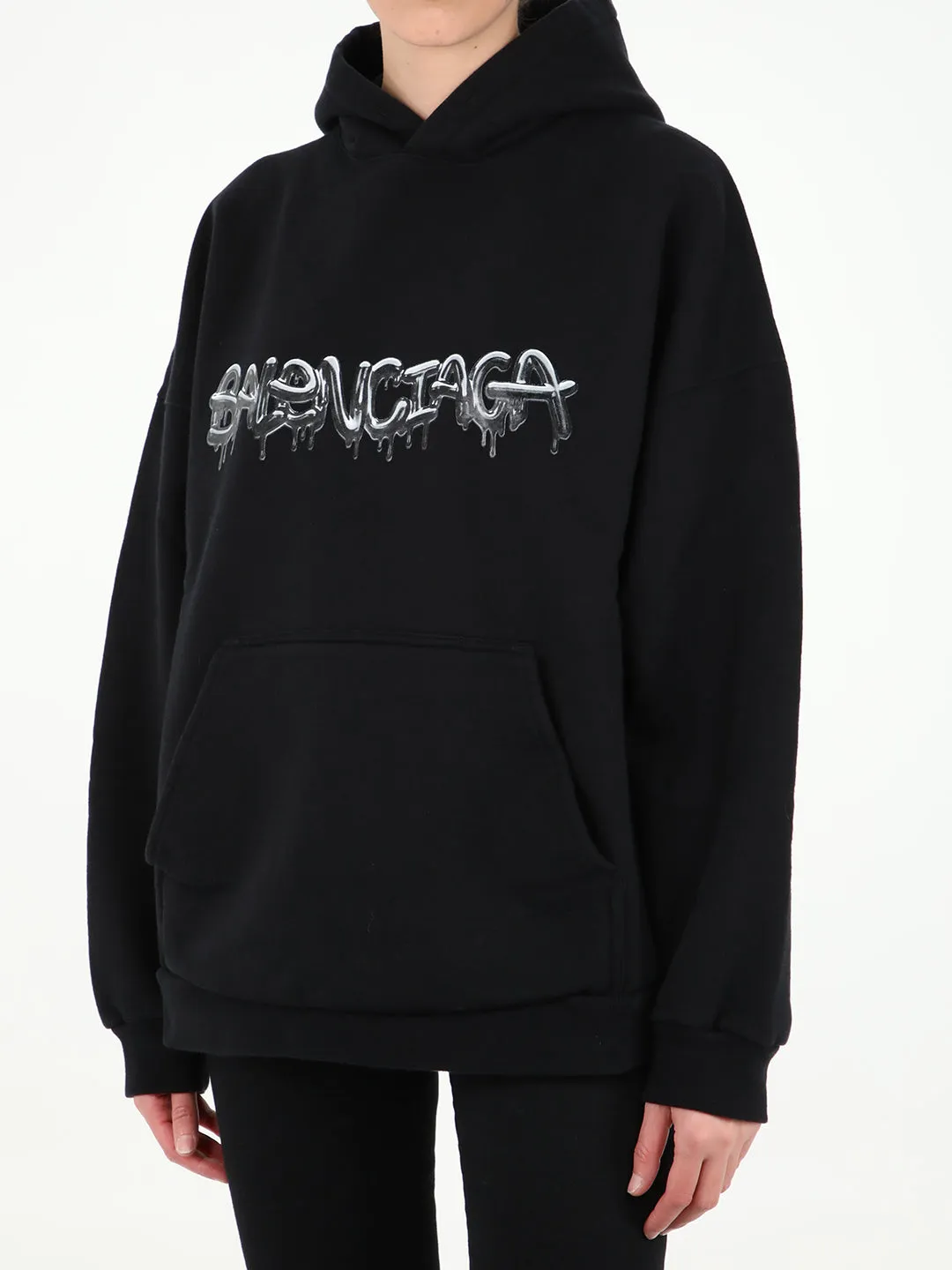Balenciaga Logo Print Ribbed Hem Hoodie