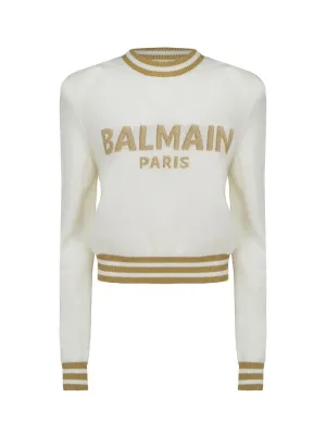 Balmain Logo Intarsia-Knit Crewneck Cropped Jumper