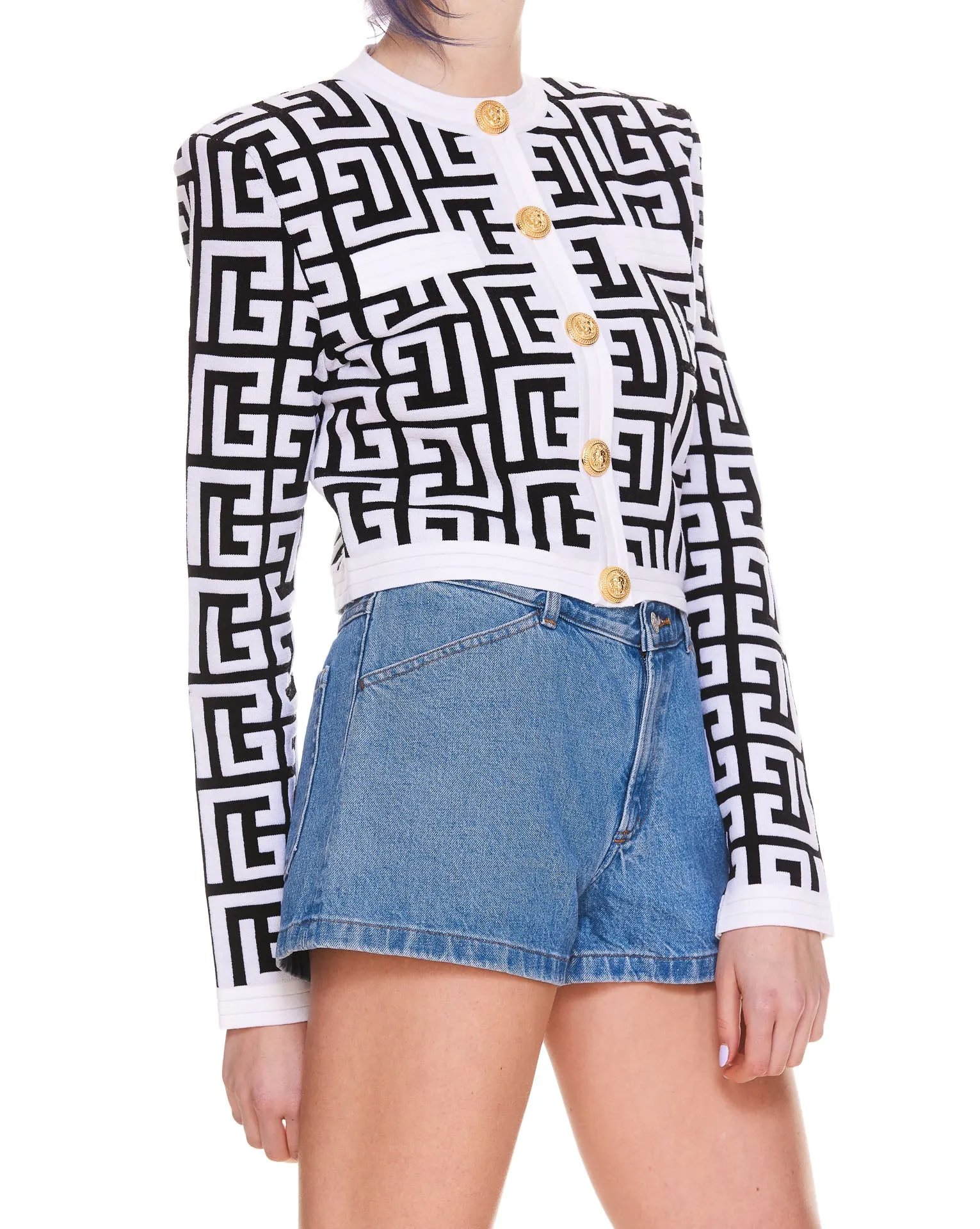 Balmain Monogram Knit Crewneck Cropped Cardigan