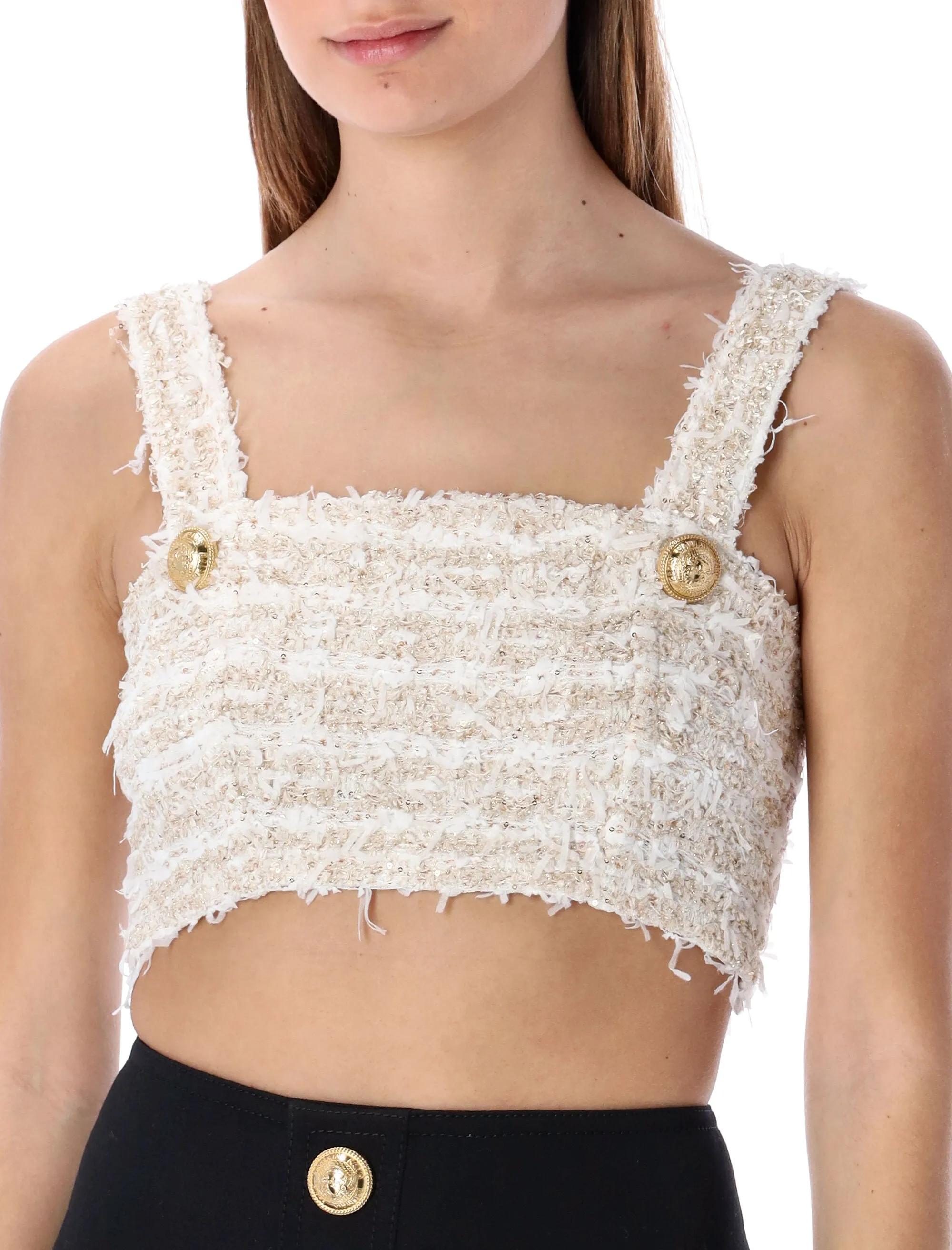 Balmain Square Neck Lurex Tweed Cropped Top