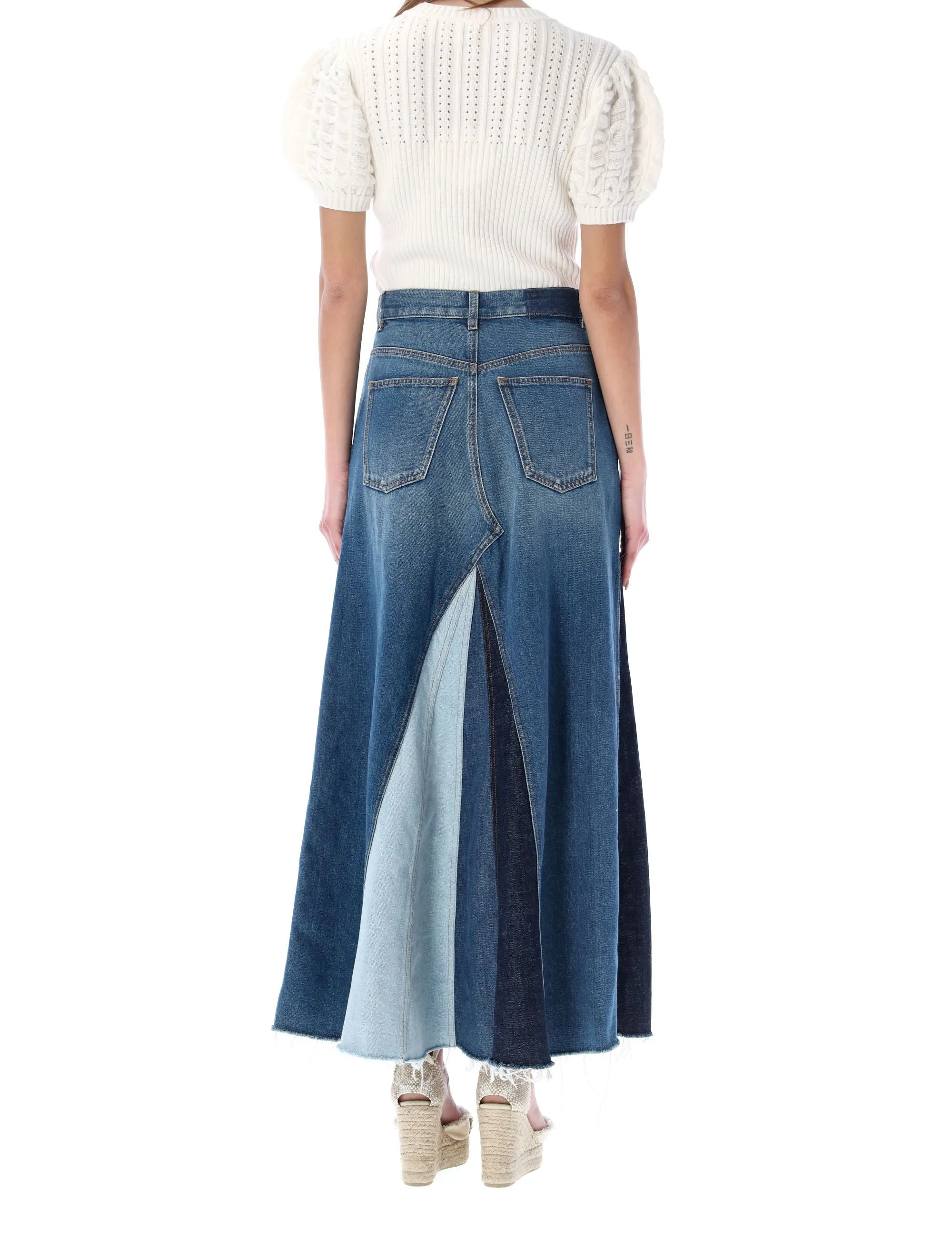 Chlo Patchwork High Waist Midi Denim Skirt