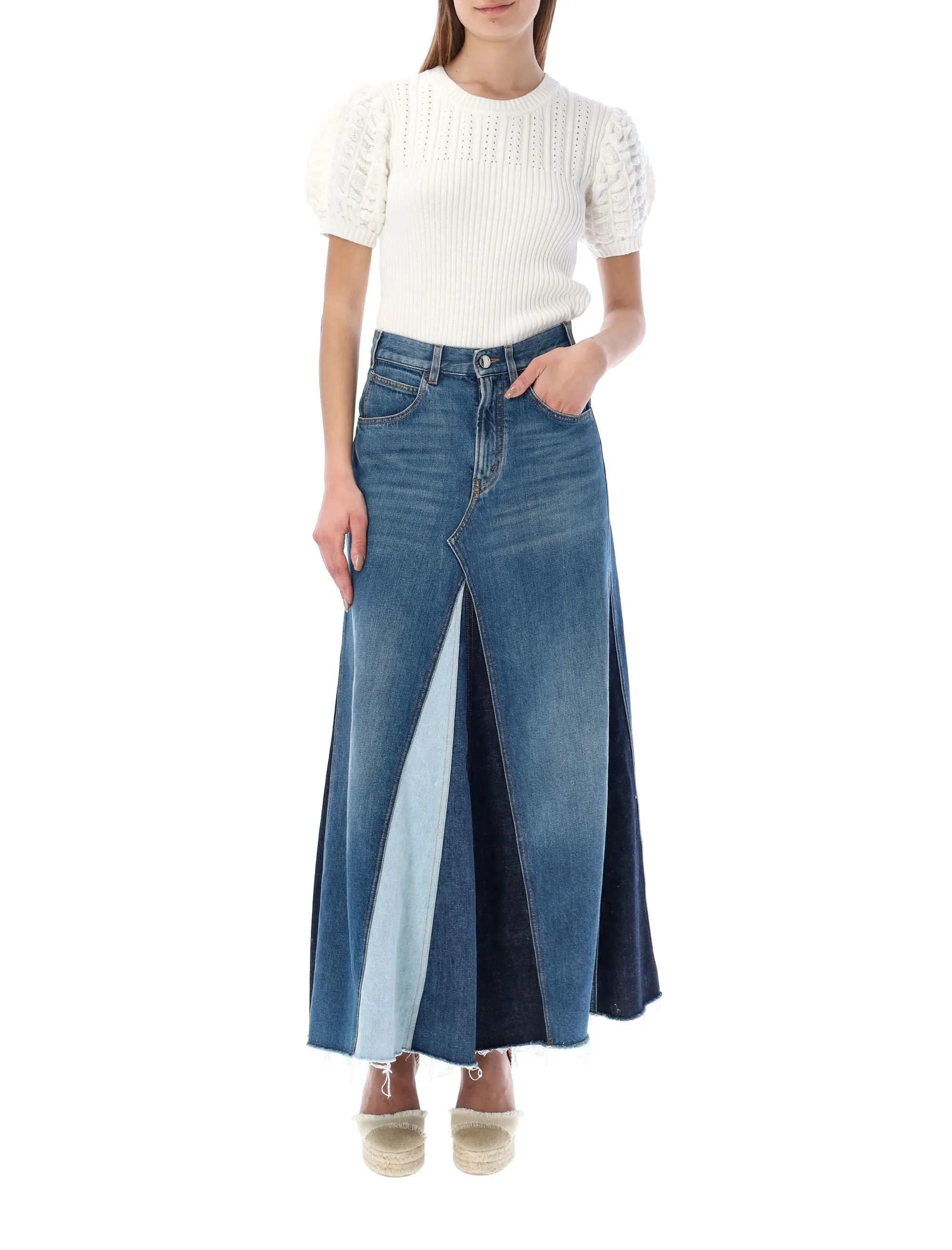 Chlo Patchwork High Waist Midi Denim Skirt