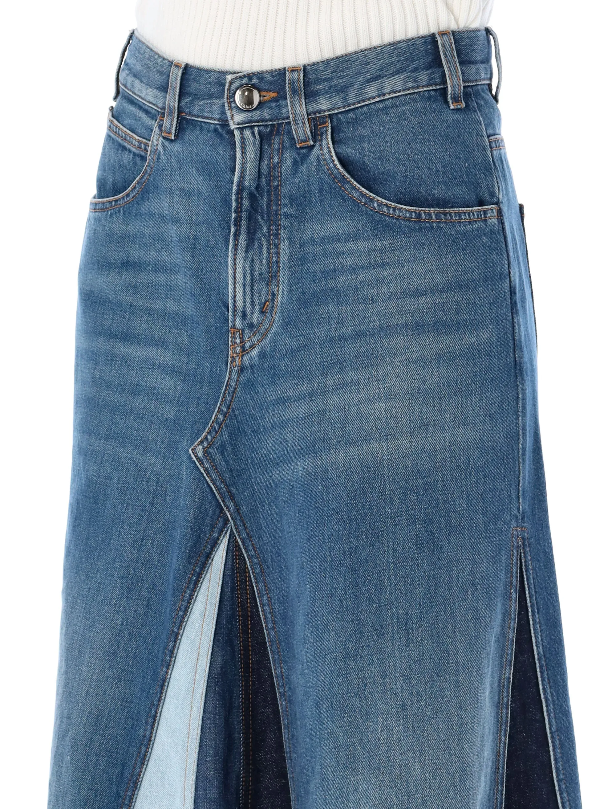 Chlo Patchwork High Waist Midi Denim Skirt