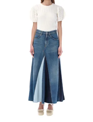 Chlo Patchwork High Waist Midi Denim Skirt