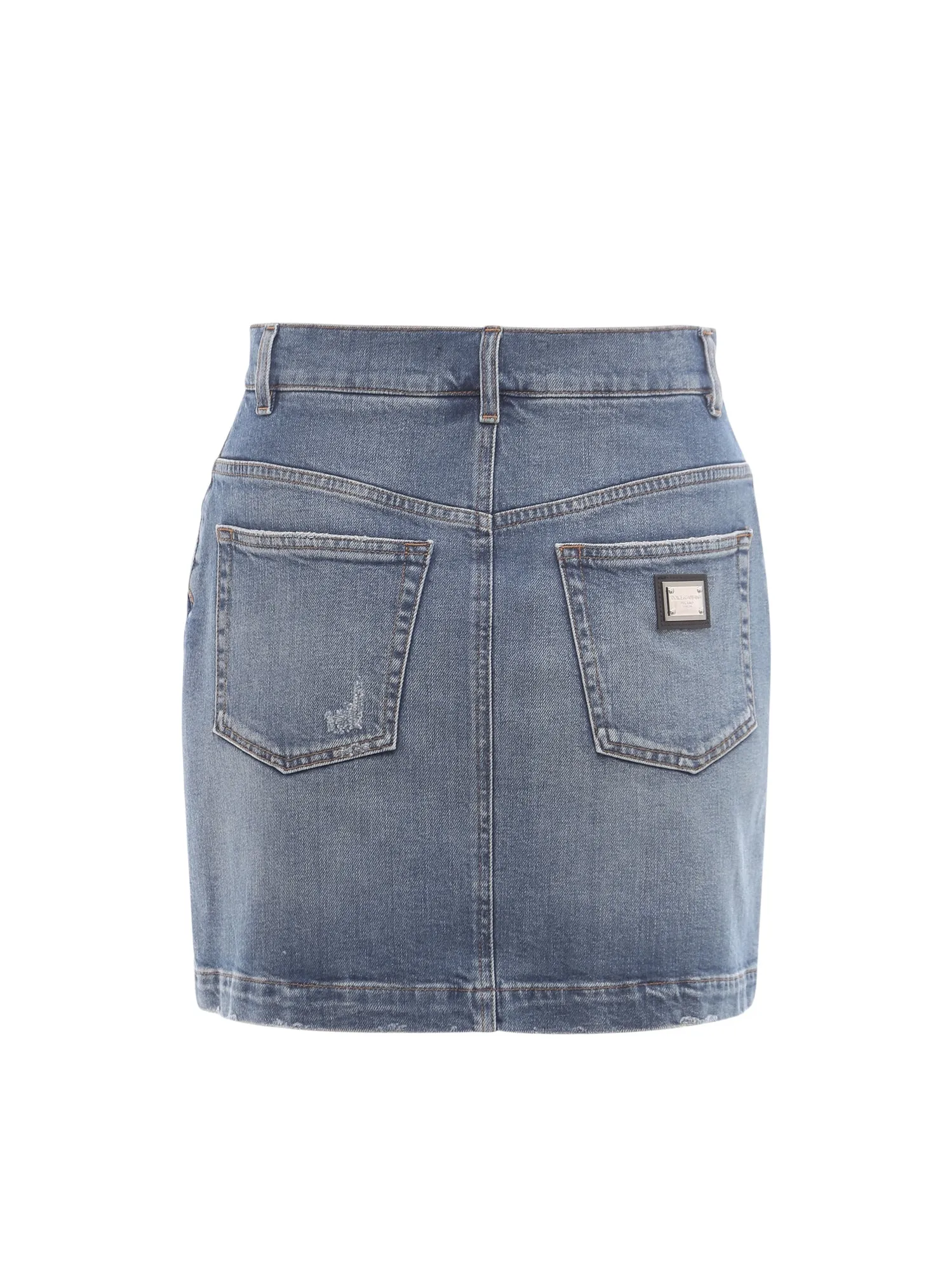 Dolce & Gabbana Logo Patch Distressed Denim Mini Skirt