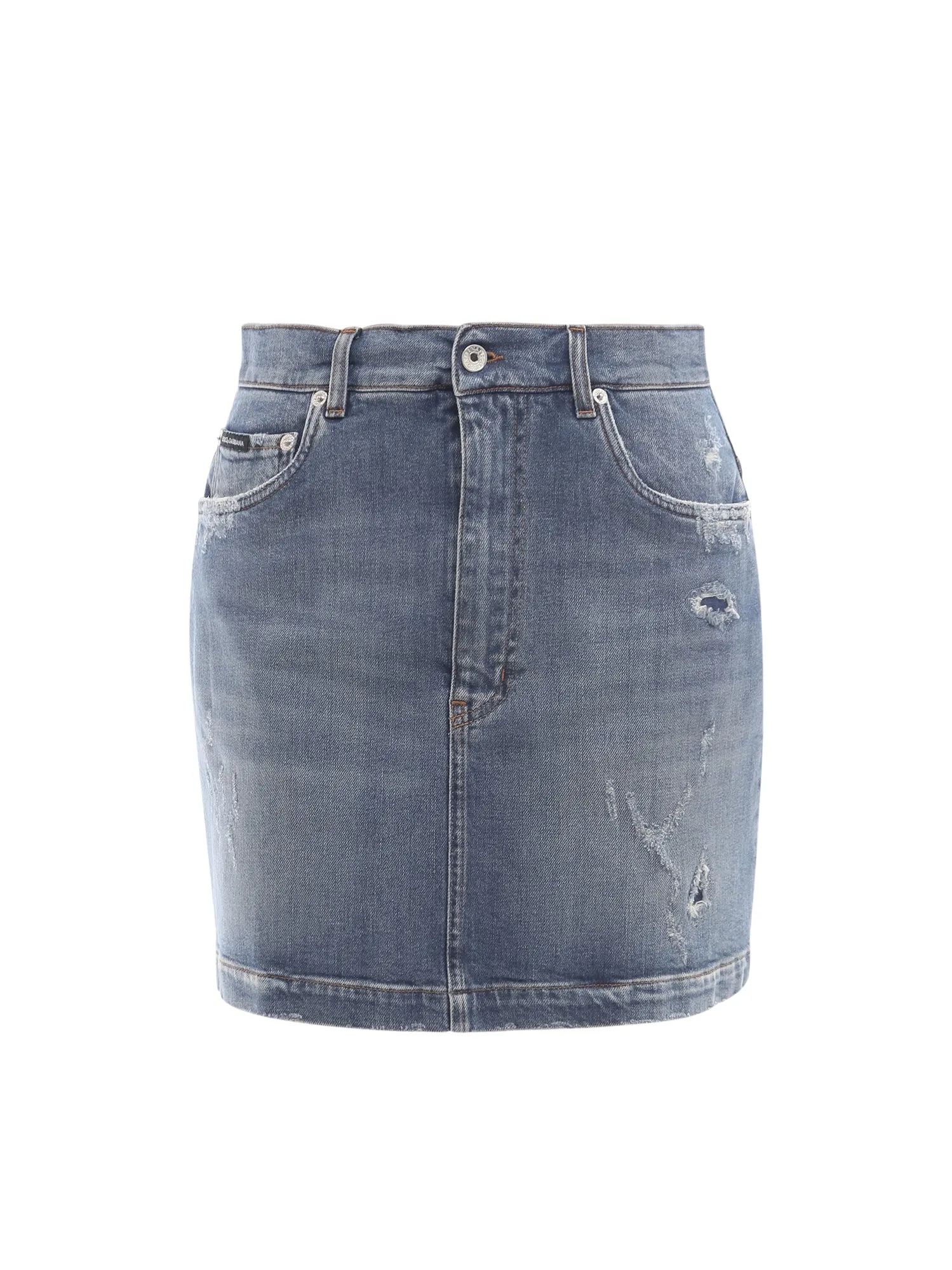 Dolce & Gabbana Logo Patch Distressed Denim Mini Skirt