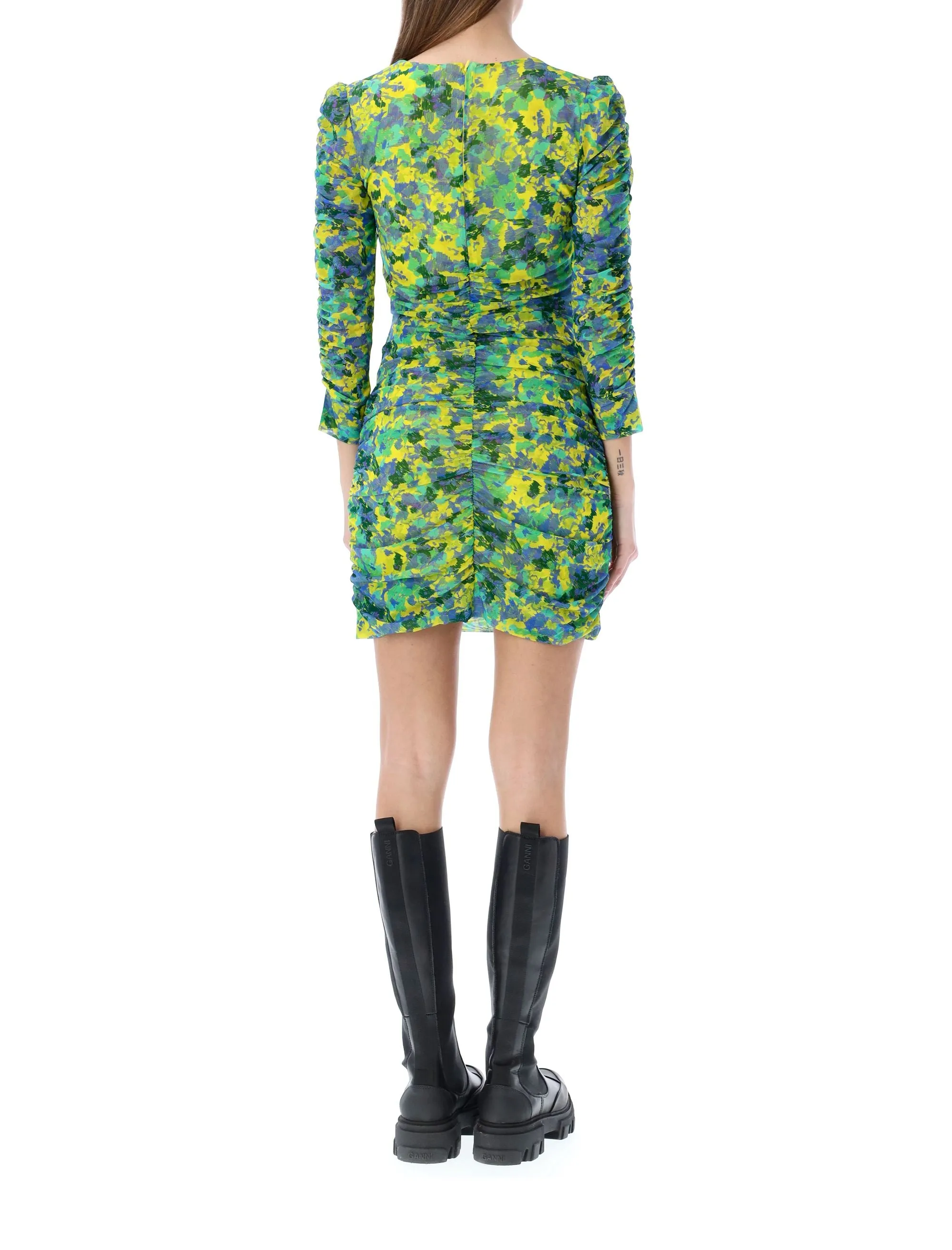 Ganni Floral Printed Ruched Midi Dress