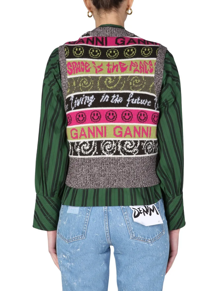 Ganni V-Neck Intarsia Knit Vest