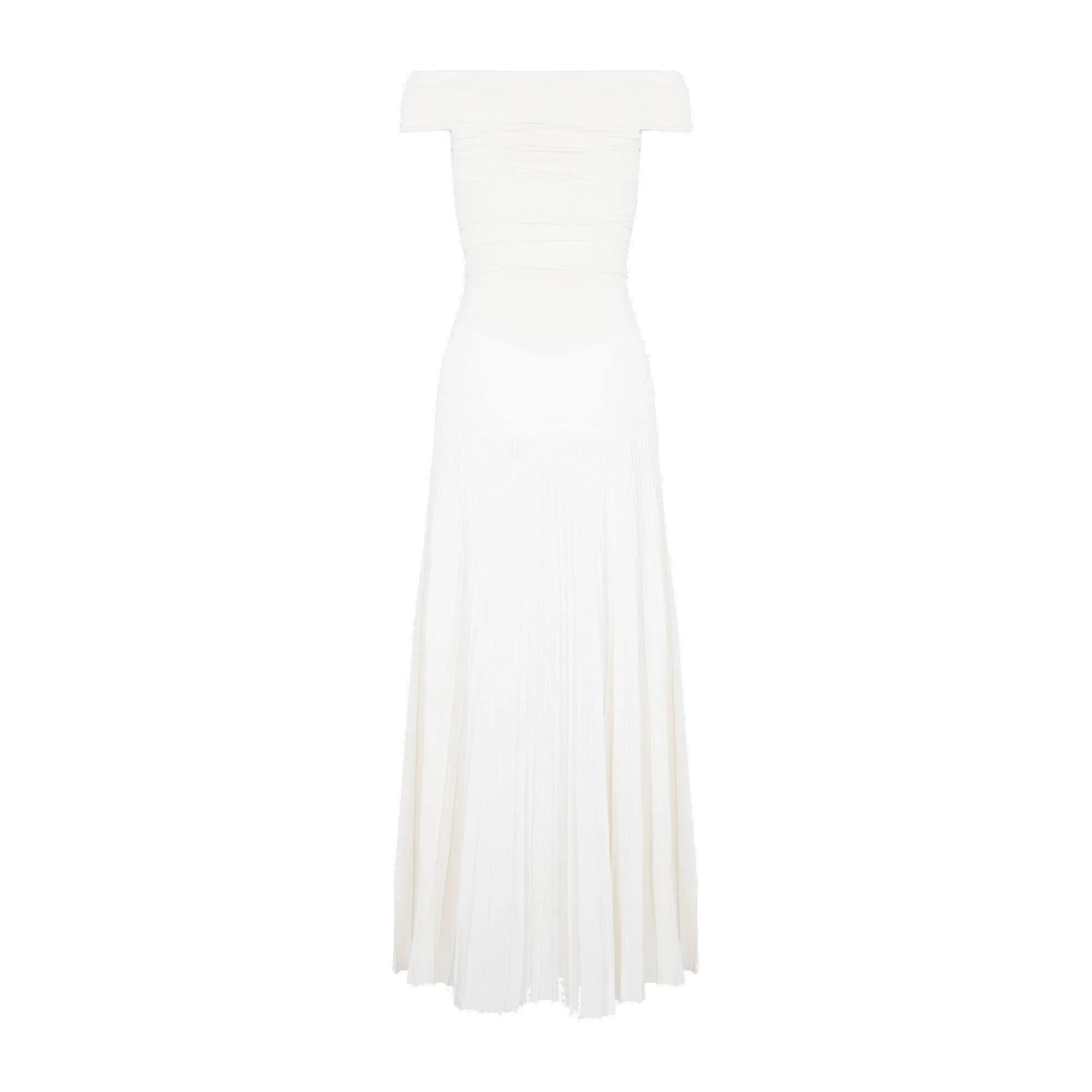 Khaite Marca Off-Shoulder Ruched Bodice Midi Dress