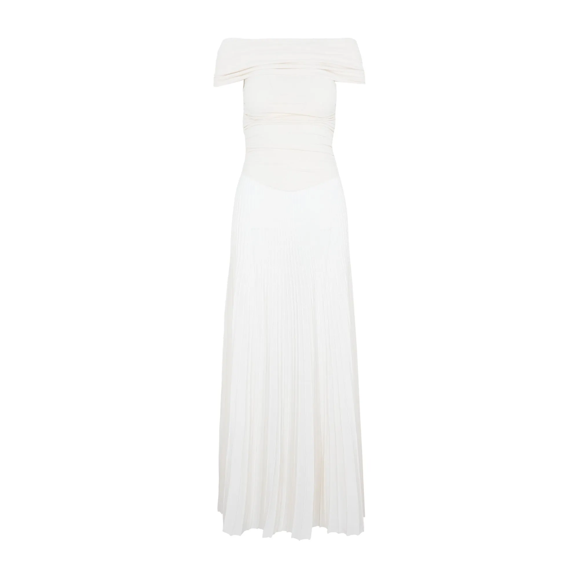 Khaite Marca Off-Shoulder Ruched Bodice Midi Dress
