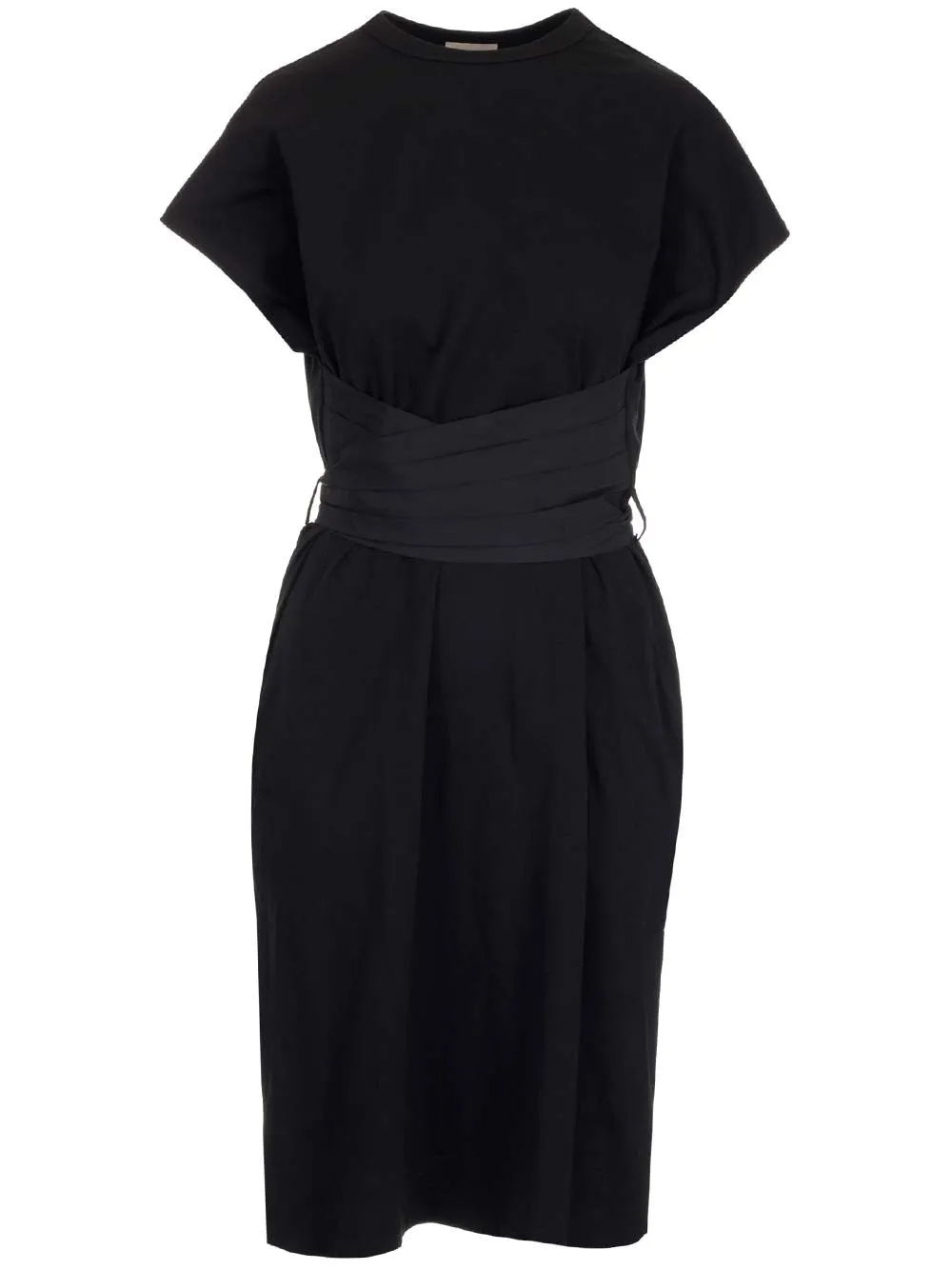 Moncler Belted Short Sleeved Crewneck Midi Dress
