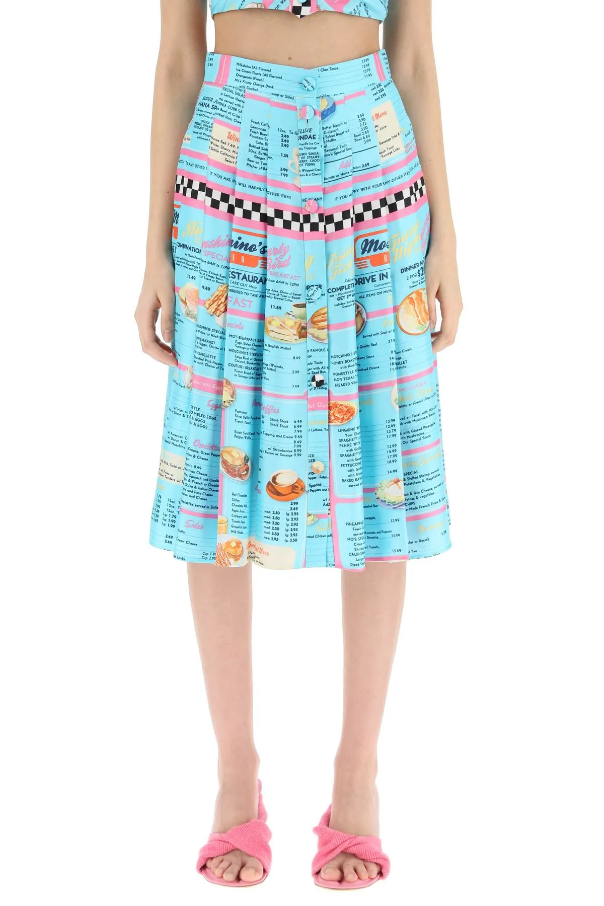 Moschino Drive In Menu-Printed Pleated Midi Skirt