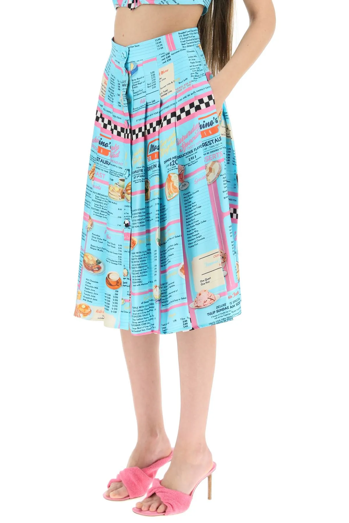 Moschino Drive In Menu-Printed Pleated Midi Skirt