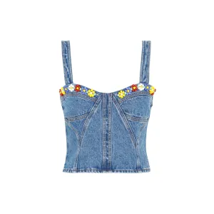 MSGM Bead Floral Cropped Denim Top