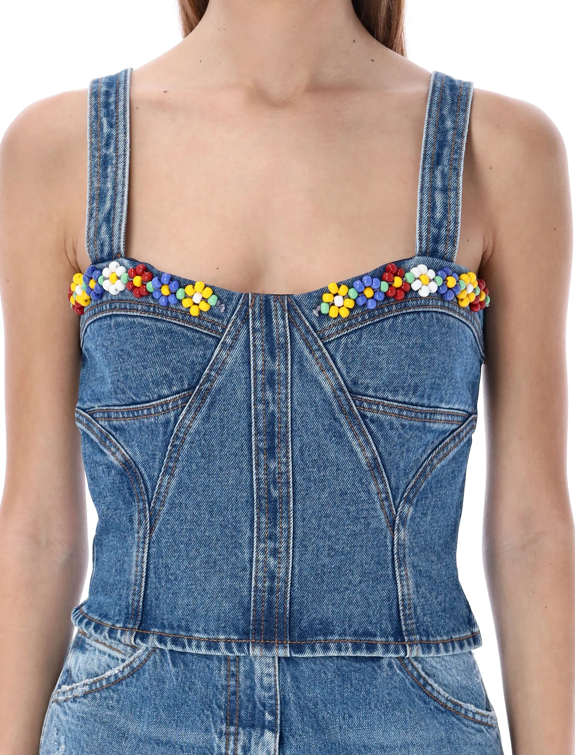 MSGM Bead Floral Cropped Denim Top