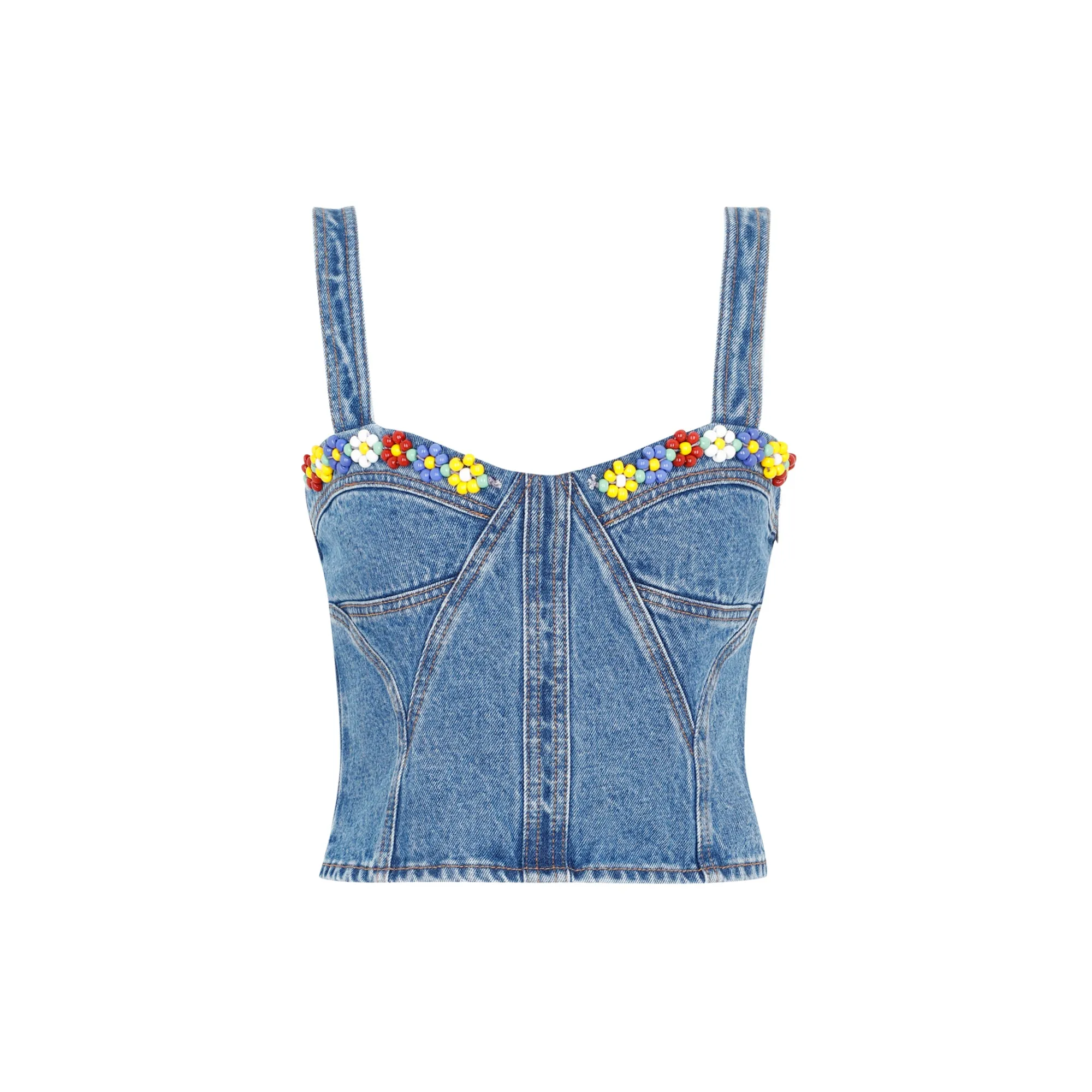 MSGM Bead Floral Cropped Denim Top