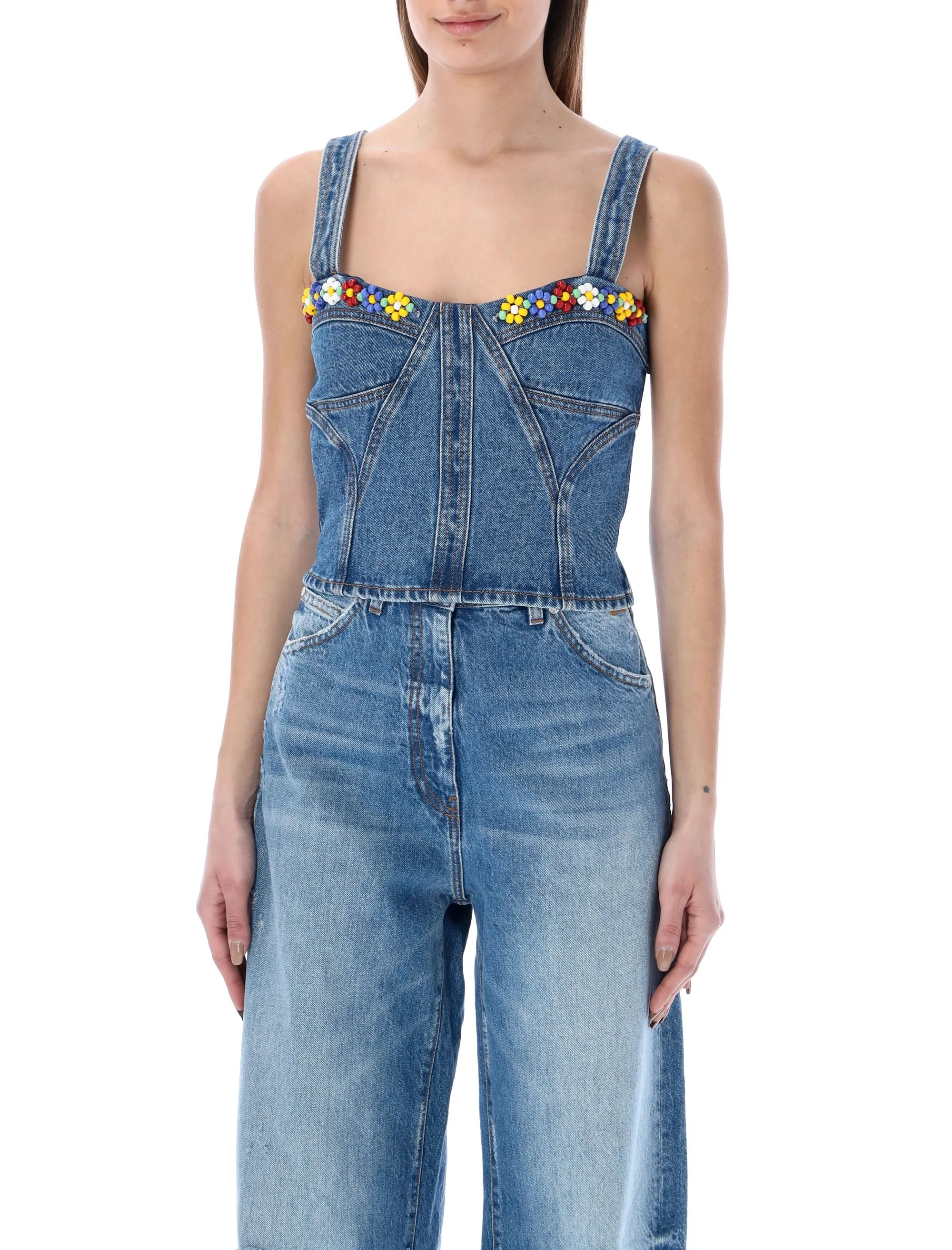 MSGM Bead Floral Cropped Denim Top