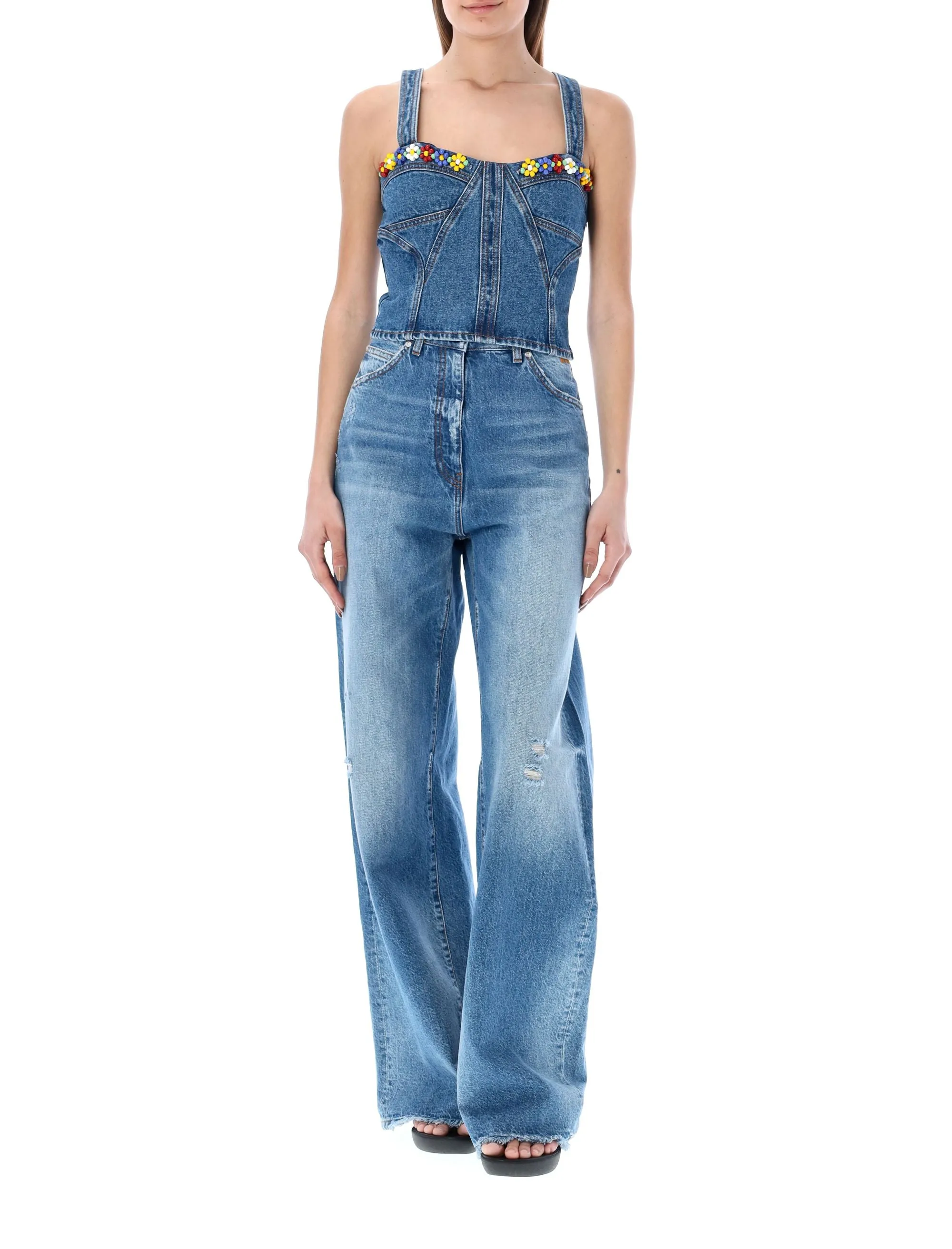 MSGM Bead Floral Cropped Denim Top