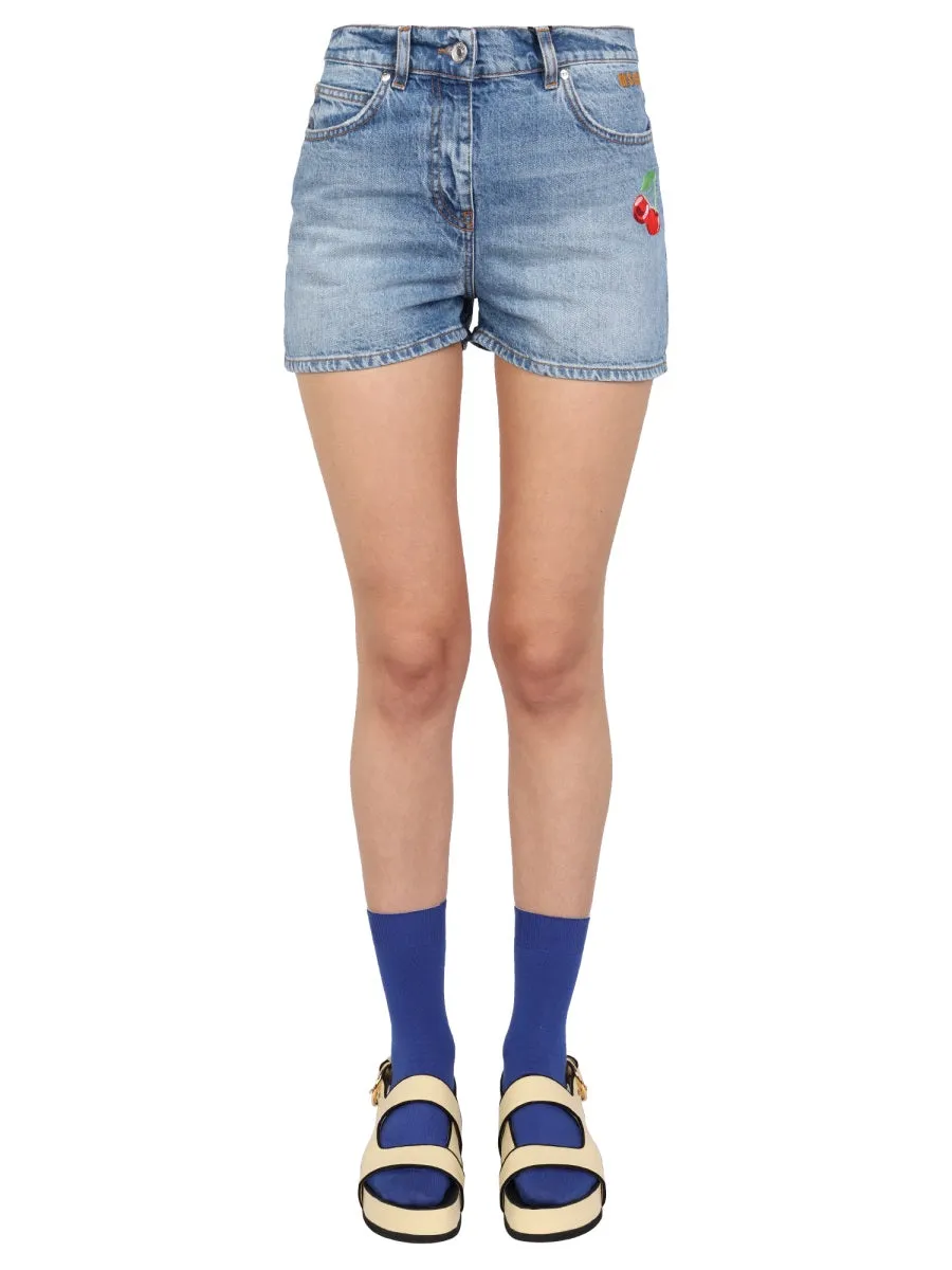 MSGM Cherry Embroidered Denim Shorts