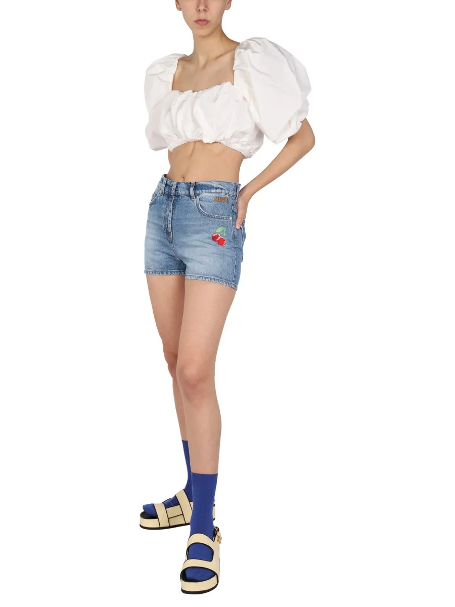 MSGM Cherry Embroidered Denim Shorts