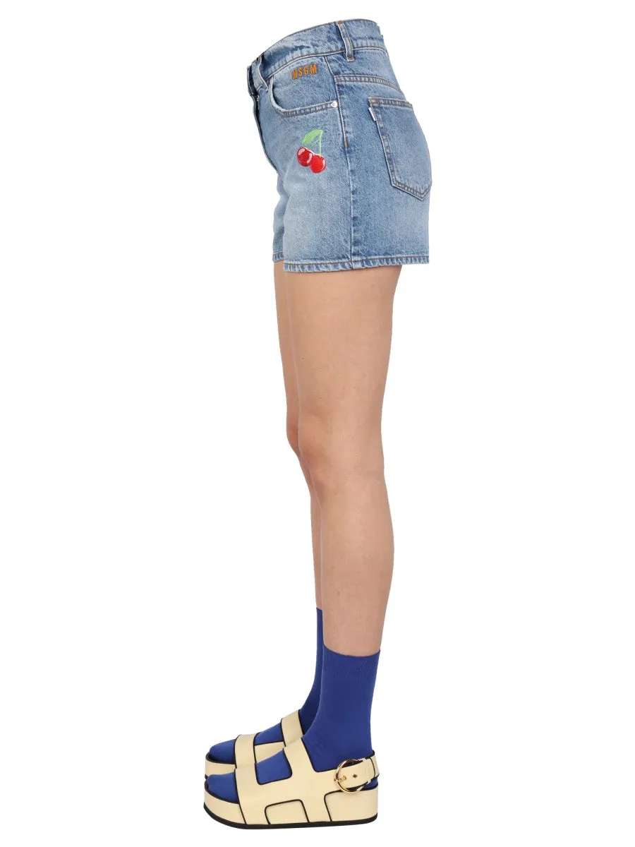 MSGM Cherry Embroidered Denim Shorts