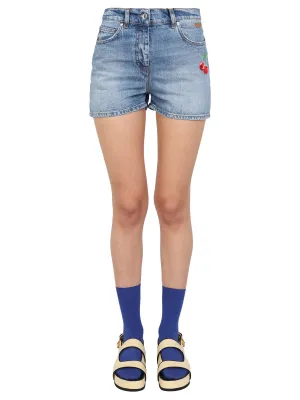 MSGM Cherry Embroidered Denim Shorts