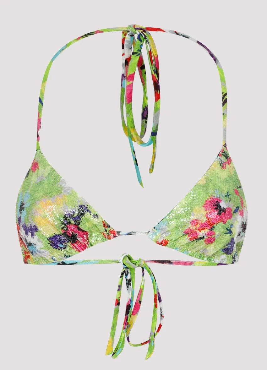 MSGM Floral Print Sequin Embellished Bikini Top