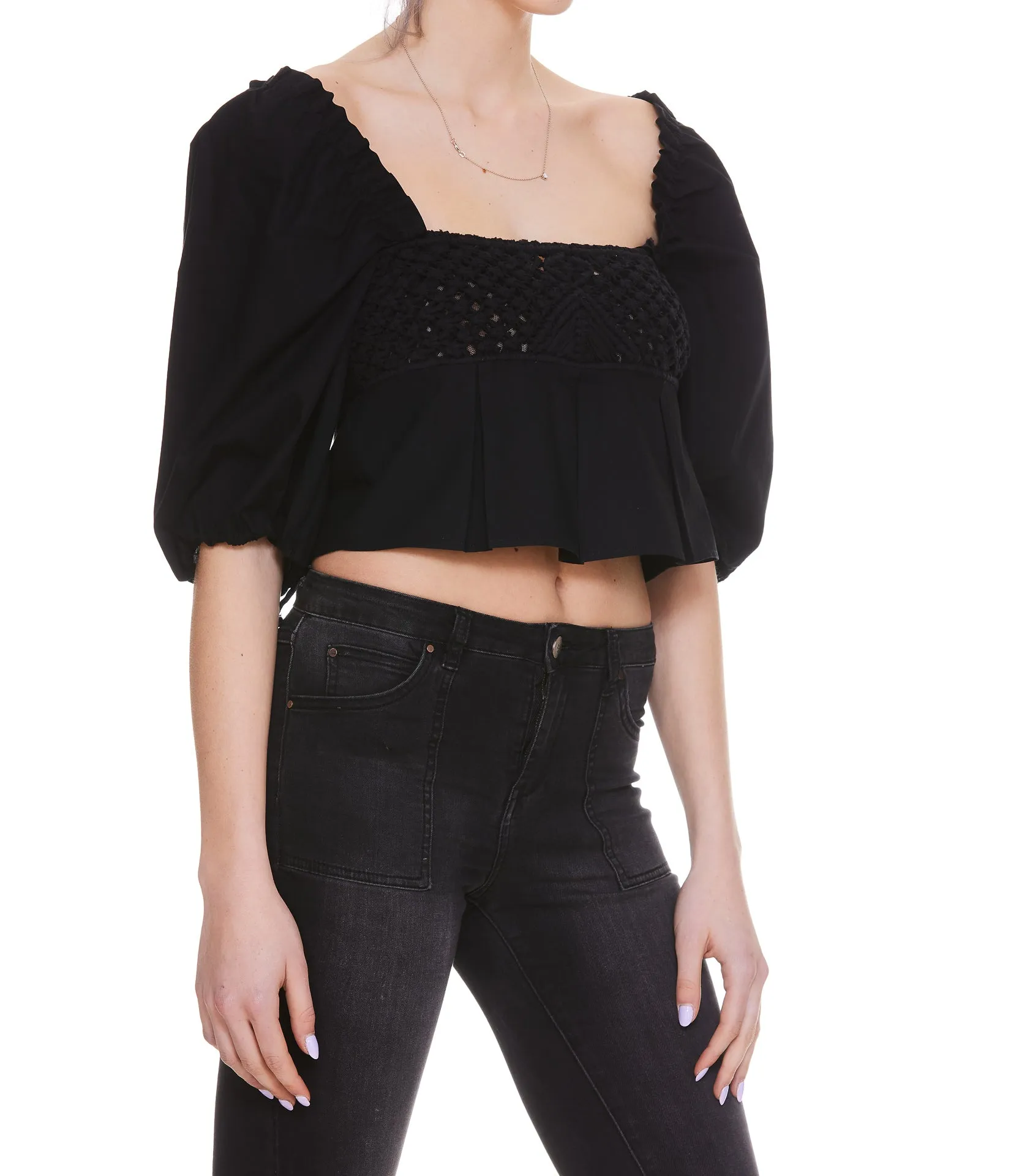 Pinko Woven-Detailed Square-Neck Cropped Top