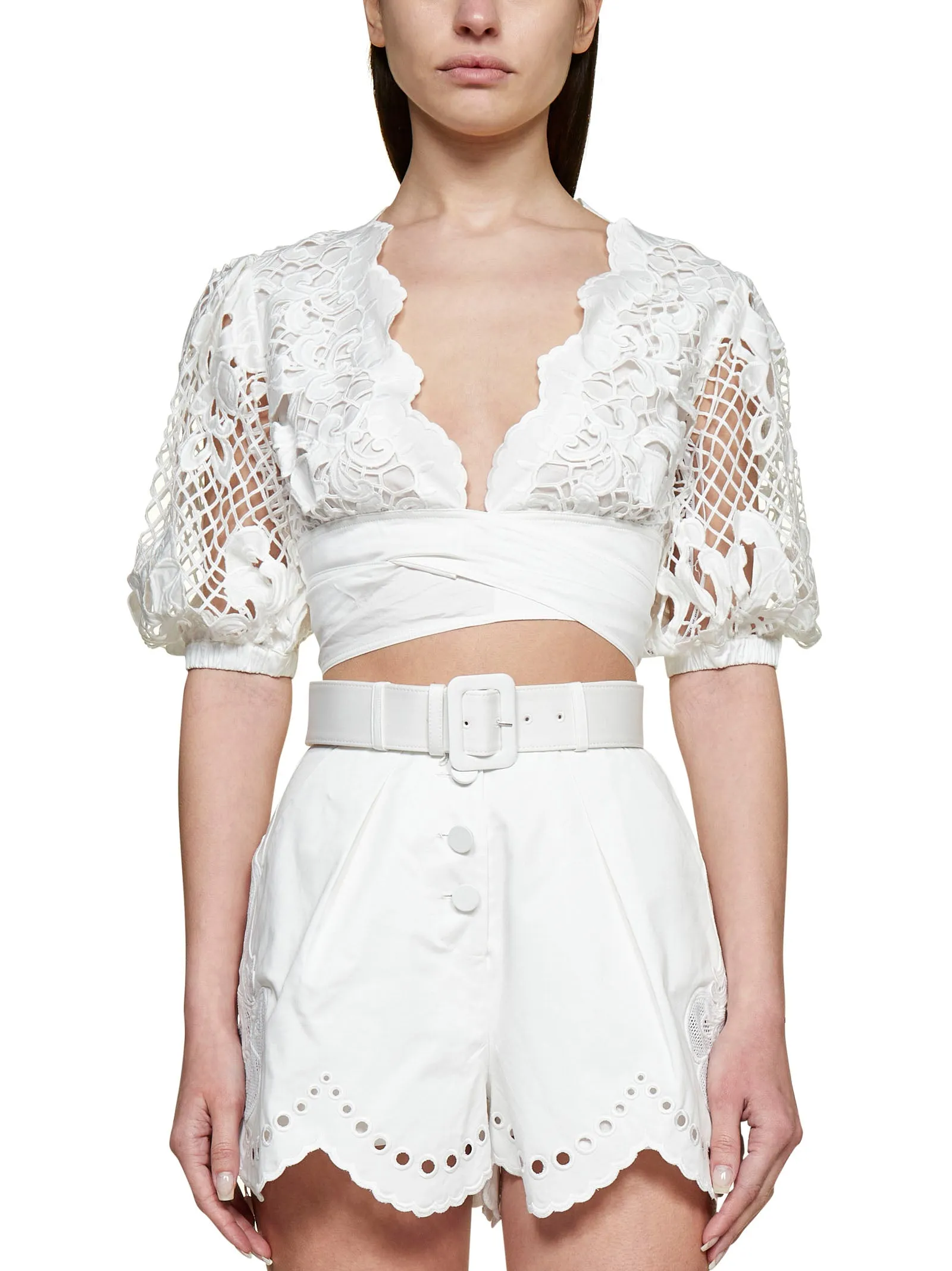 Self-Portrait Broderie Anglaise Belted Shorts