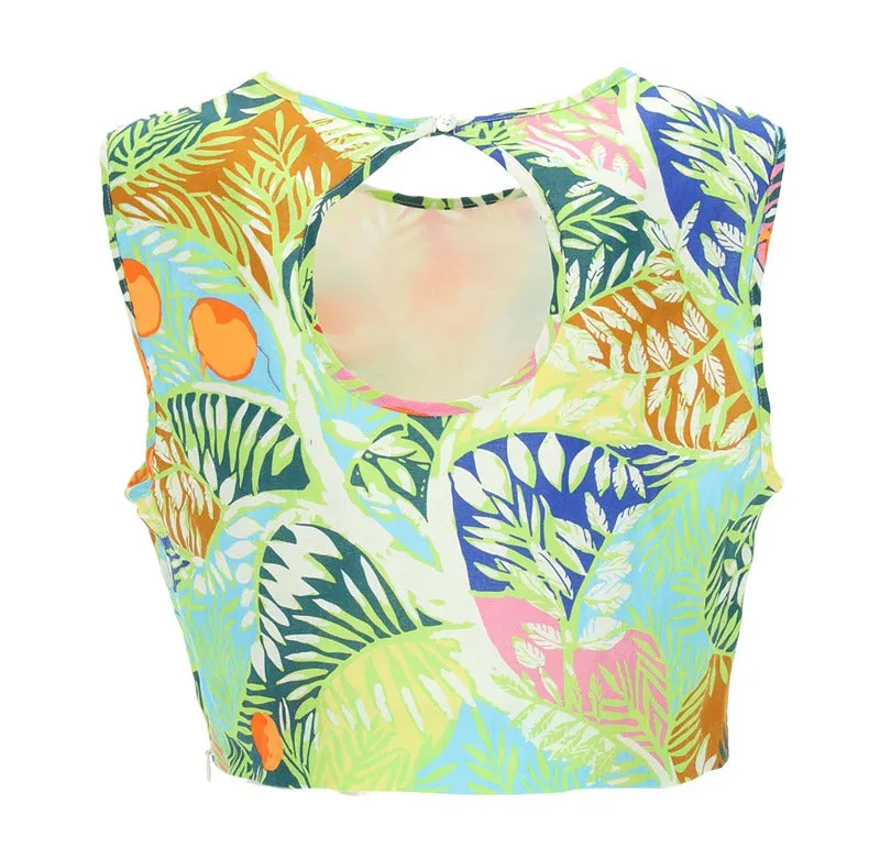Staud Floral Printed Crewneck Cropped Tank Top