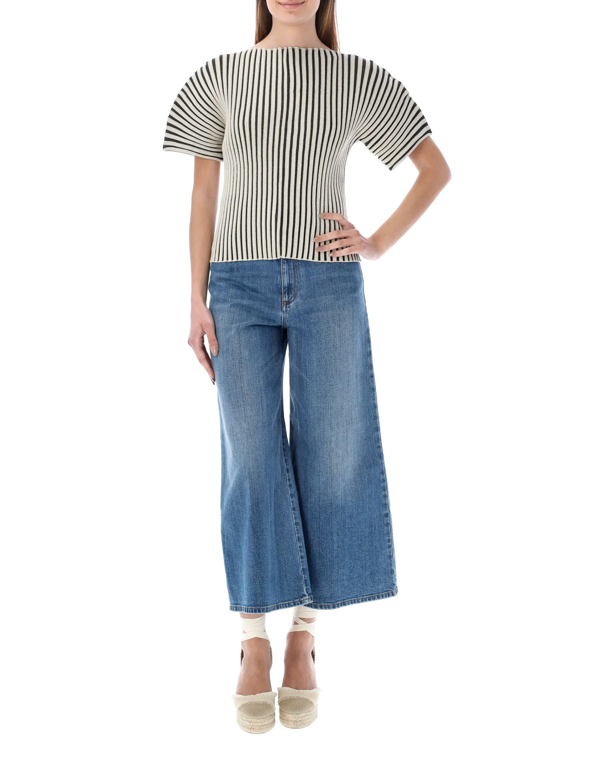 Tory Burch Boat Neck Stripe Pleated Top