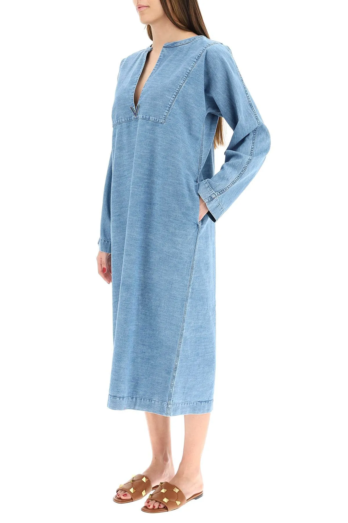 Valentino V-Neck Logo Plaque Denim Midi Dress