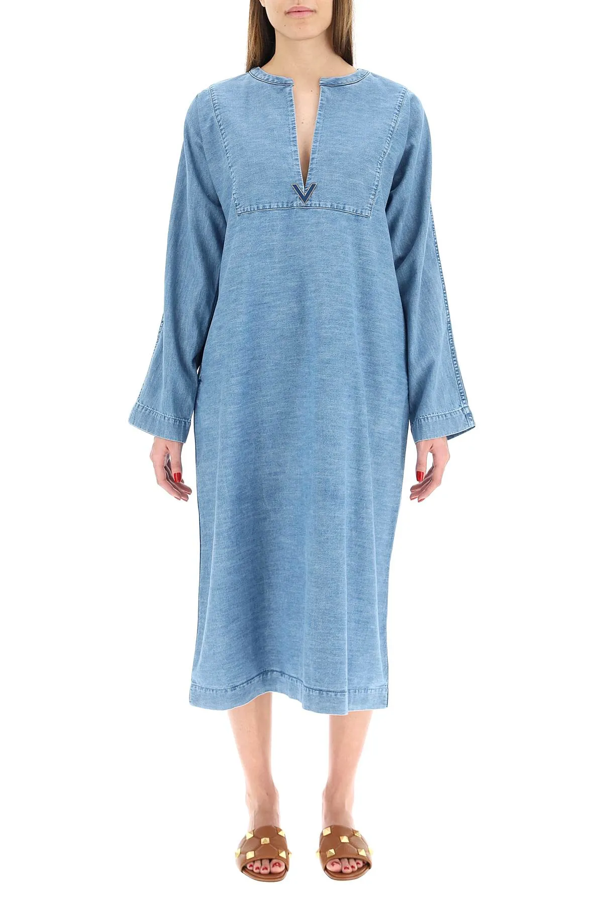 Valentino V-Neck Logo Plaque Denim Midi Dress