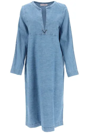 Valentino V-Neck Logo Plaque Denim Midi Dress
