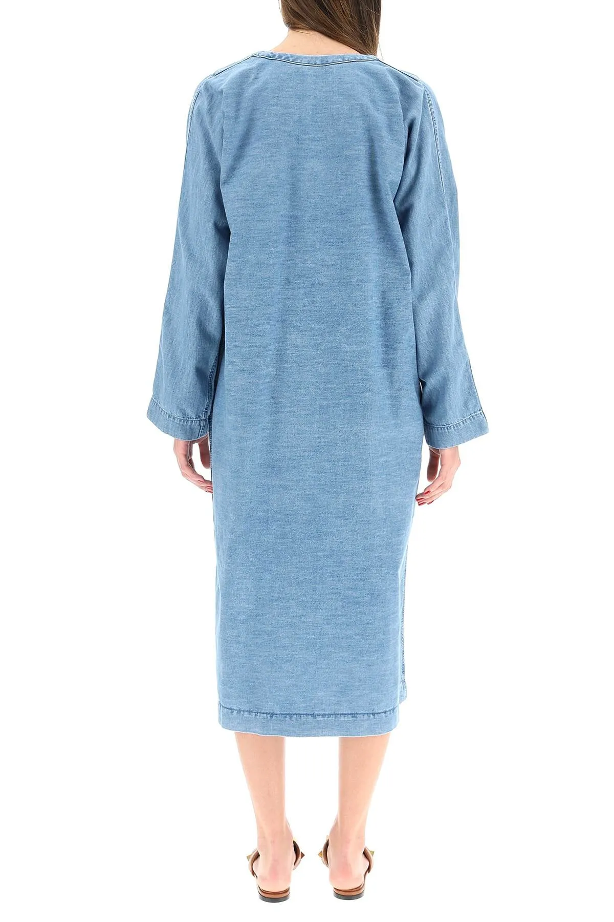 Valentino V-Neck Logo Plaque Denim Midi Dress