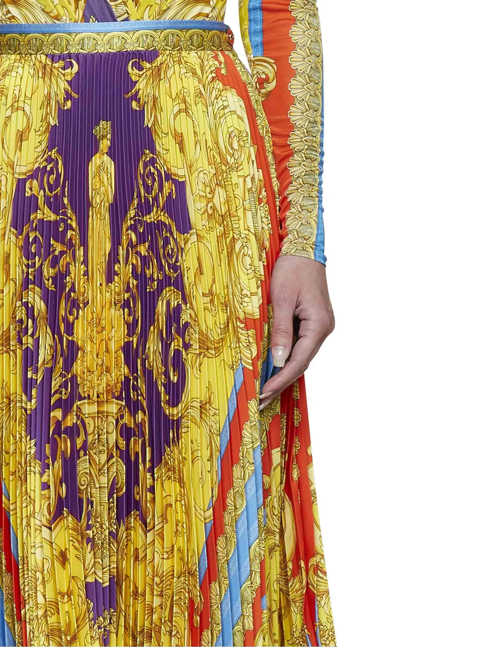 Versace Barocco Goddess High Waist Pleated Midi Skirt