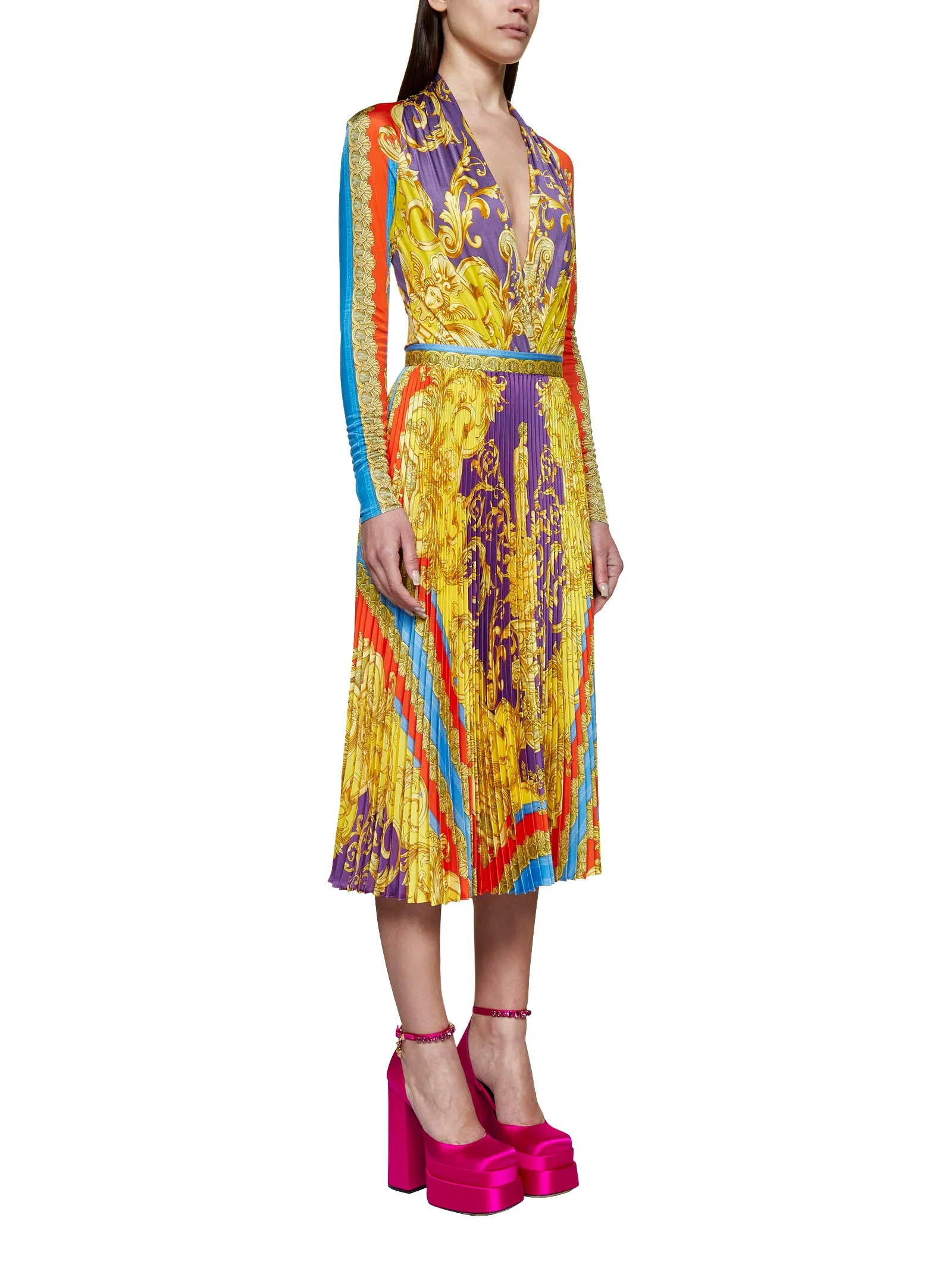 Versace Barocco Goddess High Waist Pleated Midi Skirt