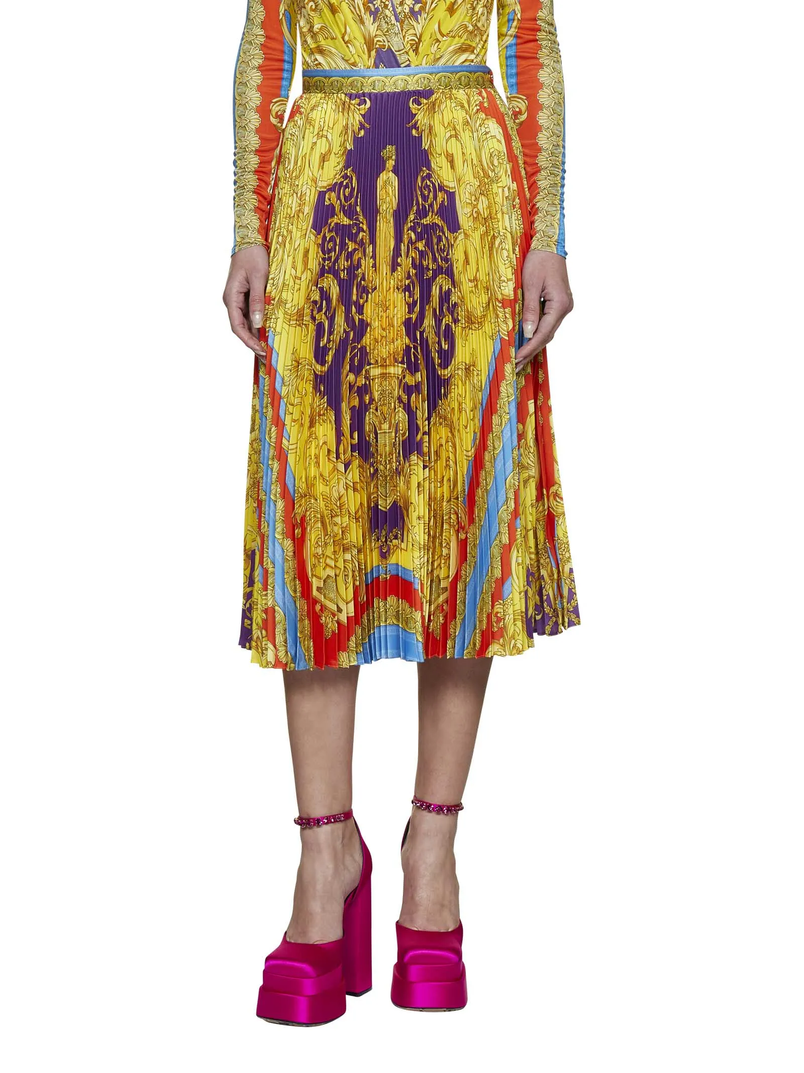 Versace Barocco Goddess High Waist Pleated Midi Skirt