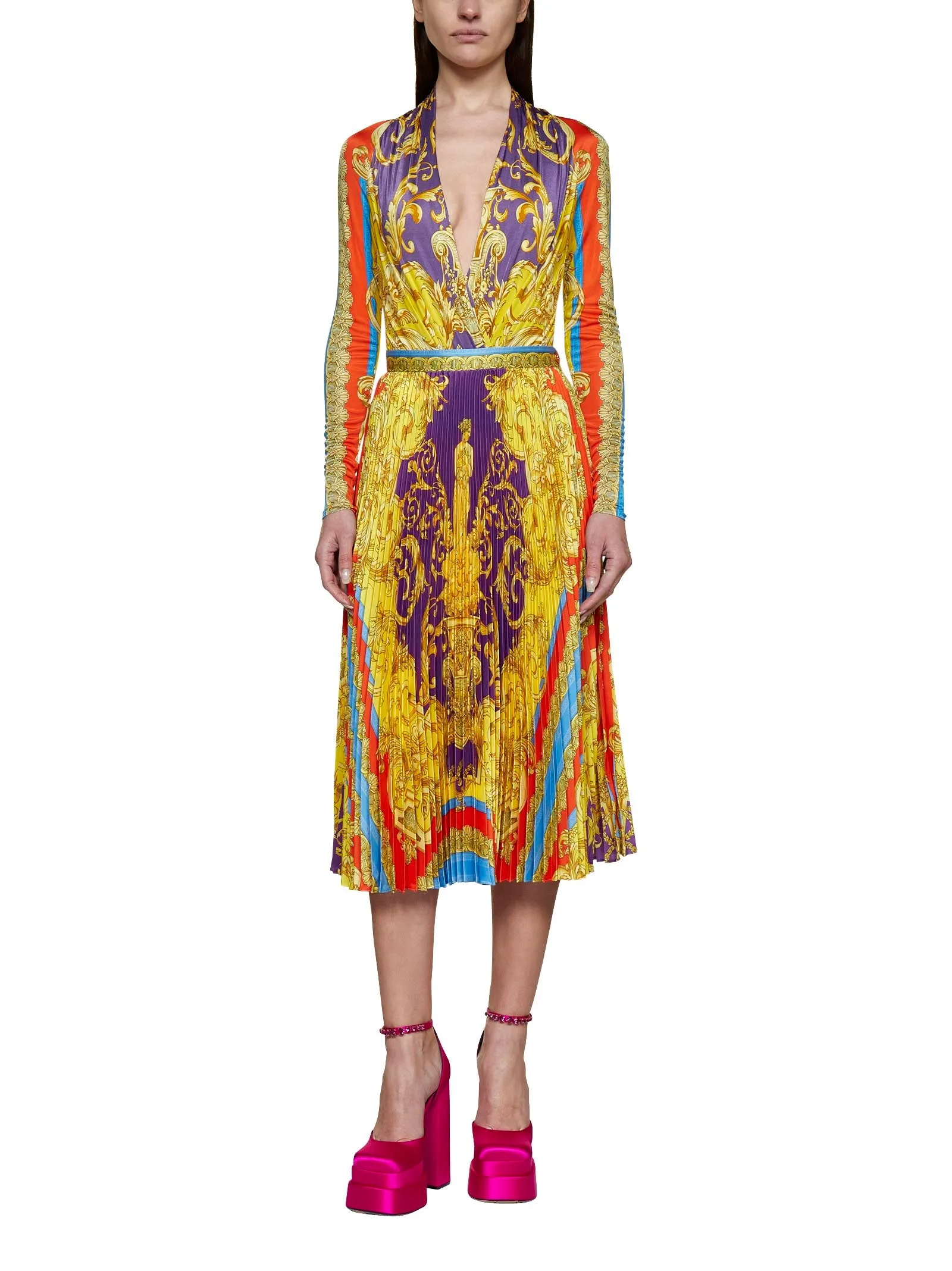 Versace Barocco Goddess High Waist Pleated Midi Skirt